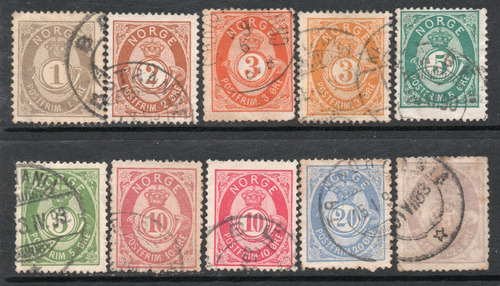 Noruega Serie X 10 Sellos Usados Cuerno Postal Años 1883-90 
