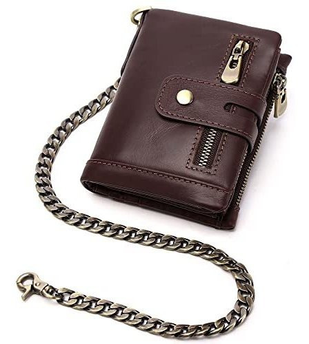 Hombres Wallet Con Cadena, Bolso De Cuero Genuino Qbspl