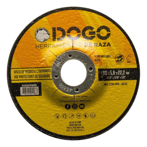 Disco Desbaste Amoladora 4.5´´ 115mm X 5.0 Dogo X5 Unidades Color Negro y Amarillo