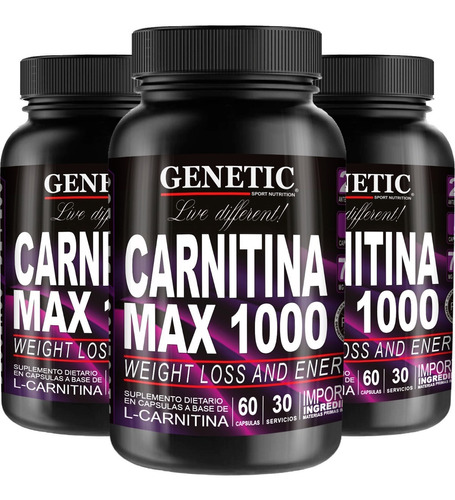 3 Quemador Grasa Abdominal Carnitina Max 1000 60cáps Genetic