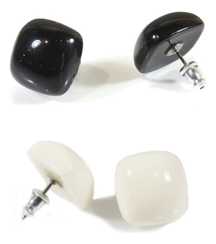 Aretes De Botón Esmaltados, Negro Ébano Y Blanco Marfil, De