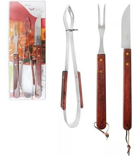 Kit Churrasco De Inox Com Faca 5,5'' Garfo E Pegador