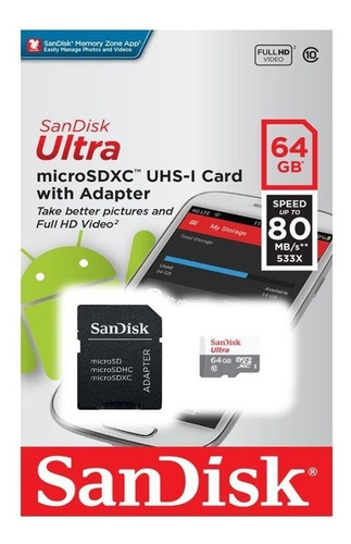 Cartão De Memoria Micro Sdhc 64gb Ultra Sandisk C.10 Solto
