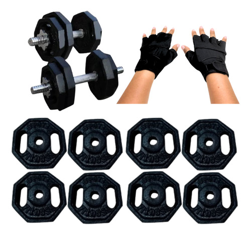 Barra Recta Discos Pesa Guantes+ Manubrio Cromado Pack 40kg