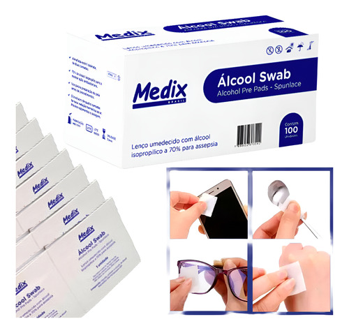 Álcool Swab Sachê 70% Isopropílico 1 Caixa Com 100 Unidades