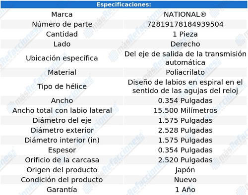 Retén Eje Salida T/ A Derecho Highlander 01 Al 07 National