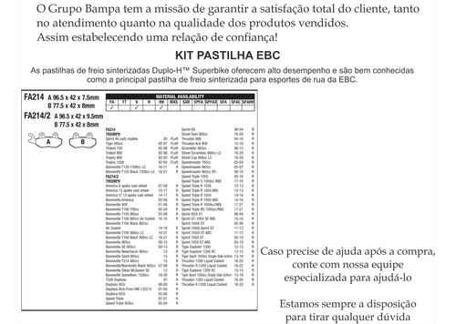 Pastilha Freio Ebc Sint Traseira Triumph Street Twin Fa214