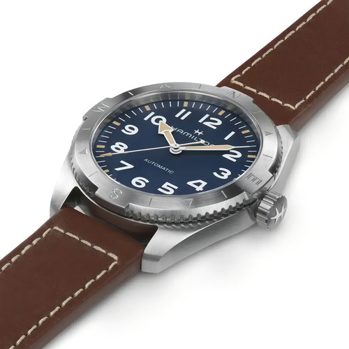 Reloj Hamilton Ha70315540 Khaki Field Expedition Auto Correa Marrón Bisel Plateado Fondo Azul