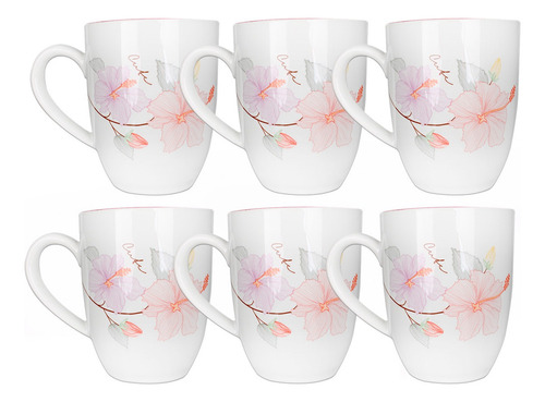 Juego 6 Tazas Decoradas Flores Cerámica 380 Ml Vencort Color Blanco Acapulco