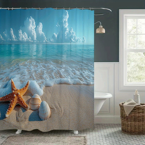 Cortina De Baño Con Patrón Estrella De Mar Y Concha, 180*180