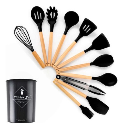 Kit 12 Utensílios Silicone Com Cabo De Madeira