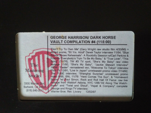 George Harrison Dark Horse Compilat (original Vhs Wb Promo)