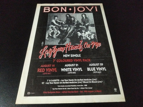 (bj008) Publicidad Bon Jovi Lay Your Hands On Me Uk * 1988