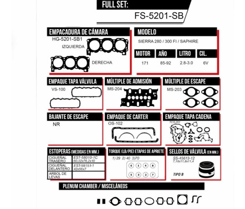 Kit Juego De Empacadura Completo Ford Sierra 2.8 3.0 Fraco