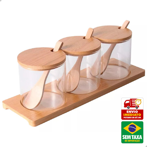 Kit Porta Temperos Cozinha Vidro Colher Suporte Bambu 300ml