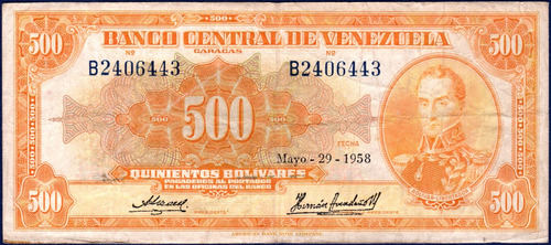 Billete De 500 Bolívares B7 Mayo 29 De 1958 Bolívar Canario