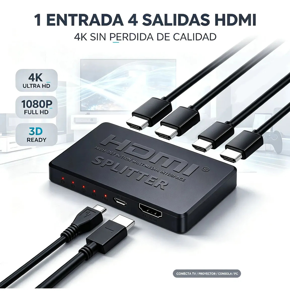 Splitter HDMI 1 Entrada 4 Salidas 4K Divisor Señal Monitor,Adaptador Splitter HDMI Para Para TV Camaras Seguridad Videovigilancia Qzgyoool
