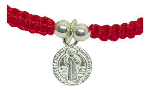 Pulsera San Benito Medalla Colgante Plata 925 Tejido Rojo 0 Mm