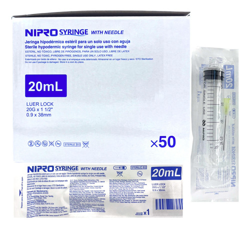 Jeringa HiPodérmica 20 Ml Con Aguja20x38 Nipro Caja C/50