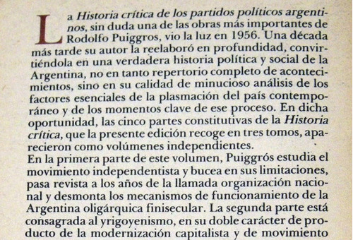 Puiggrós Historia Critica De Los Partidos Políticos I 