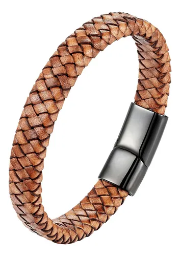 Pulsera De Cuero Trenzado Cierre De Acero Inoxidable Marron