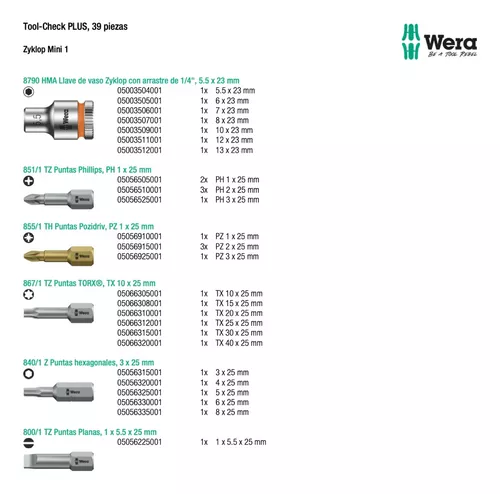 05056490001 Wera Herramienta de 39 Piezas Tool-Check PLUS - MRO Tools Mexico