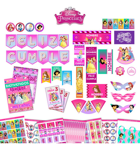 Kit Imprimible Cumpleaños + Candy Editable - Princesas