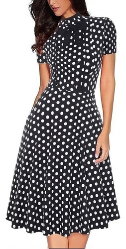 Vestido Midi Retro Con Estampado De Lunares Y Pajarita