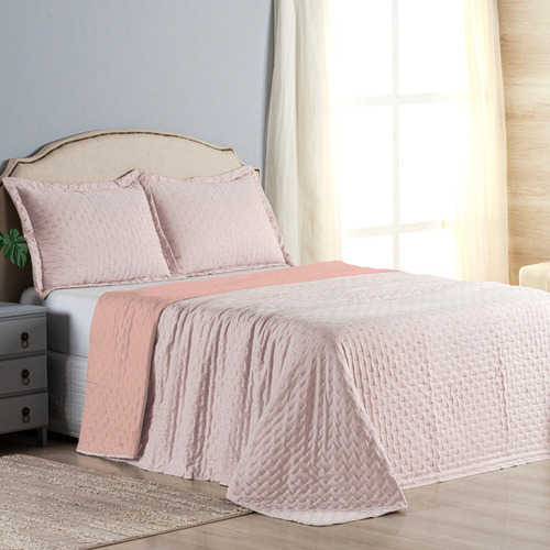 Colcha King Dupla Face Matelado C/ Porta Travesseiro 3 Peças Cor Rosa Lisa