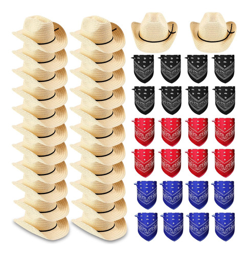 24 Juegos De Sombreros De Vaquero De Paja Con Coloridos Pañu