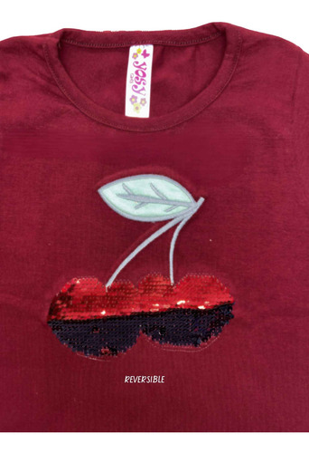 Blusa Playera Lentejuela Cherry Cereza Algodon Manga Larga