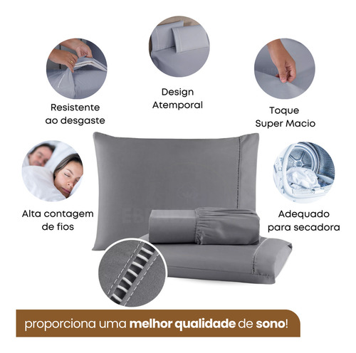 Lençol Queen Padrão C/ Elástico 3 Peças 400 Fios Percal Fronha Ponto Palito Toque Macio Premium Cor Cinza