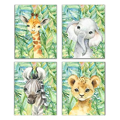 Juego De 4 Impresiones De Safari De Selva De Animales D...