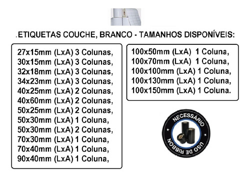 Etiquetas Adesivas Couche, 3 Rls. P/ Zebra, Argox, Elgin E O