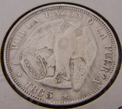 Monedas Chile Medio Peso, 50 Centavos Plata 1865, Pechugón