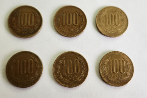 Lote De 6 Monedas De 100 Pesos Chilenos Varios Años. (Usado)