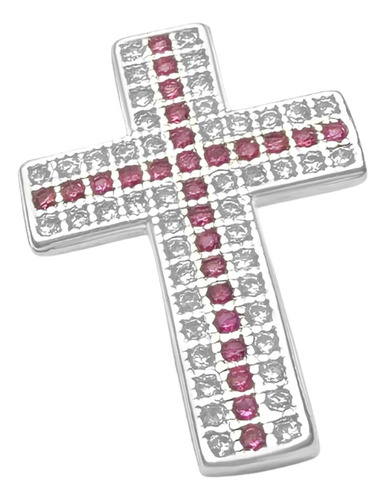 Pingente Prata 925 Crucifixo Cravejado Zircônia Pink Maciço