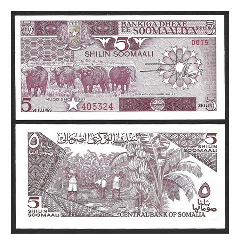 Grr-billete De Somalia 5 Shillings 1987 - Búfalos