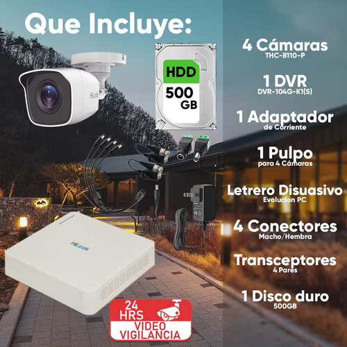 Kit Cctv Hikvision 4 Camaras Alta Definicion + Disco 500gb