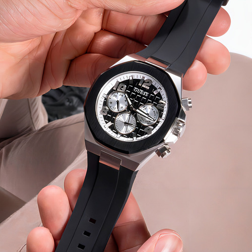 Pulseira masculina original da Guess, cor preta/prata