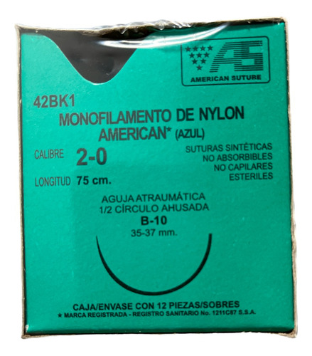Sutura Nylon Azul 2-0 1/2 Circulo Ahusada 35-37mm American