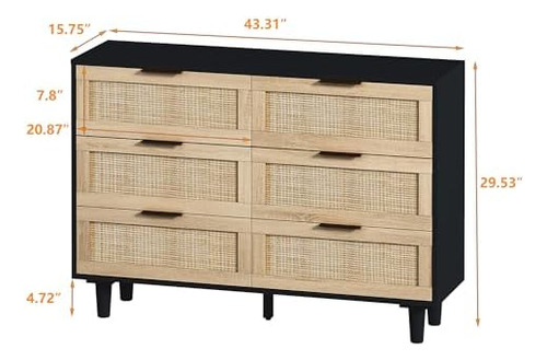 Cómoda De Ratán De 43 Pulgadas Para Dormitorio, 6 Cajones, C