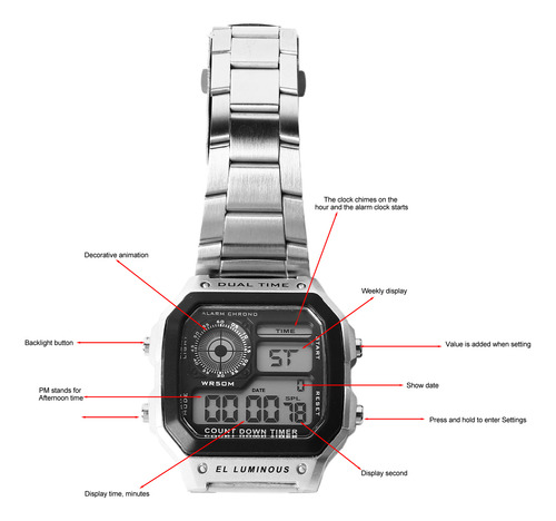 Reloj Deportivo Digital Impermeable Y Luminoso De Acero Inox