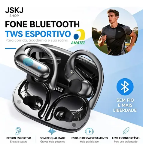 Fone de Ouvido Esportivo A520 TWS com Ganchos para Academia, Bluetooth 5.3 e Graves Potentes HiFi