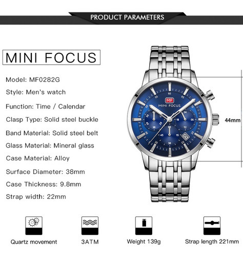 Relojes analógicos de cuarzo de lujo Mini Focus para hombre, color de fondo plateado y negro