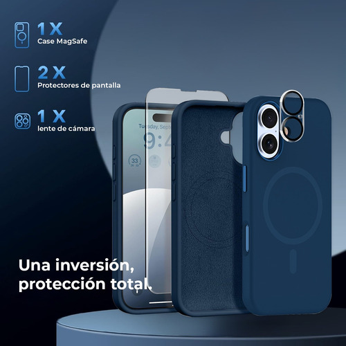 Funda Para Iphone Magsafe + Mica Pantalla + Mica Cámara Kit Azul Marino Iphone 14 Plus