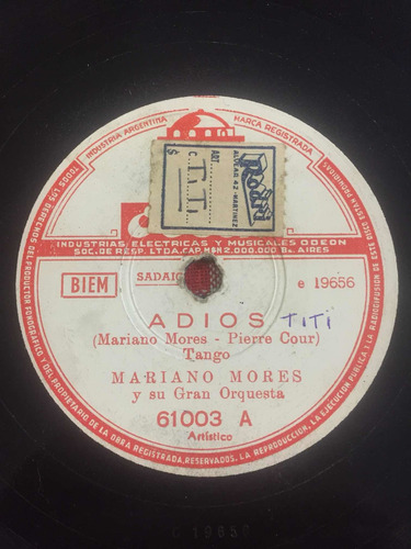 Disco De Pasta Mariano Mores Odeon 61003 78 Rpm (Usado)
