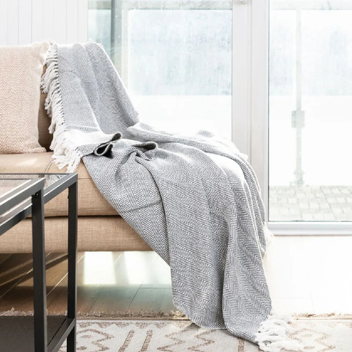 Manta Cubre Cama Sillon Algodon Rustica Flecos Decoracion Color Gris Claro/ Blanco Diseño Espigas
