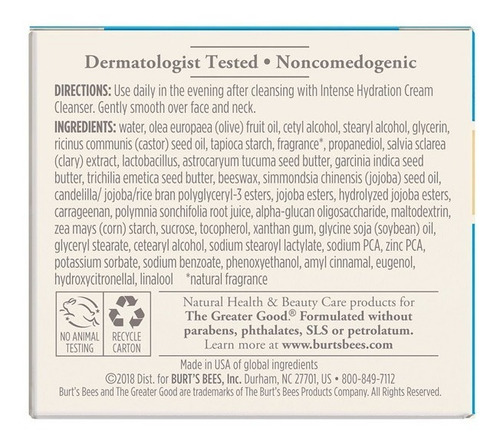 Imagen 2 de 4 de Crema De Noche, Intense Hydration 51 Gr, Burt's Bees