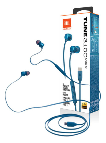 Fone De Ouvido Com Fio Tune 310c Usb-c Jbl Azul